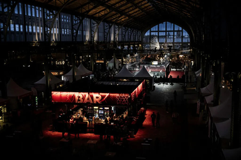 The Padel Village rooftop area at night