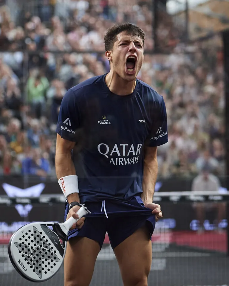 A padel player celebrating a point at Brussels Premier Padel