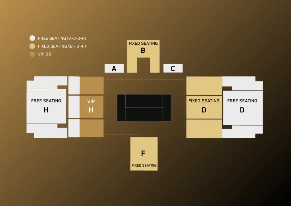 Seating plan of the Central Court stands at the Gare Maritime, with fixed seating, free seating, VIP and the rooftop